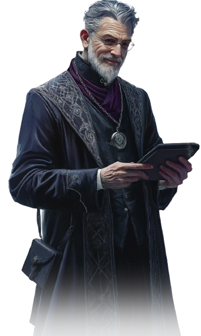 jovial but enigmatic man with gray hair and glasses wearing a long coat with intricate detailing