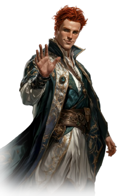 dashing young man with flaming red hair wearing the ornate coat of an archivist, Cassian Locke