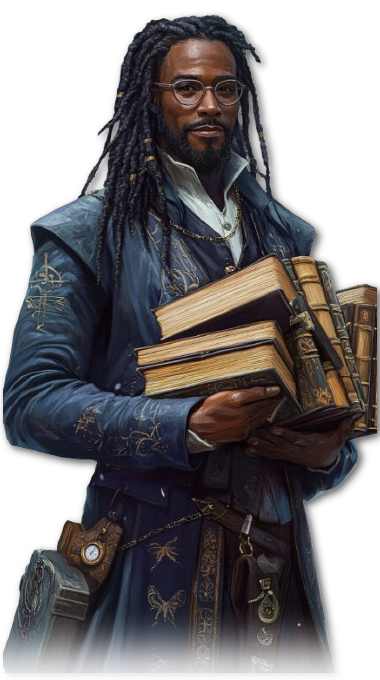 black man with long braids, wearing glasses and ornate blue coat, carrying books