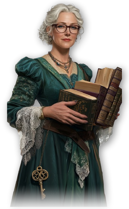 woman in green robes with silver hair, wearing glasses and carrying books