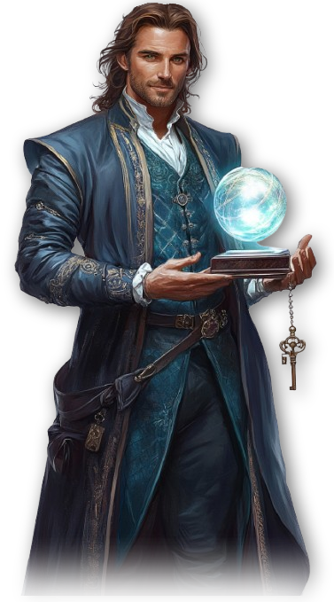 man with brown hair and a beard in ornate coat carrying an orb