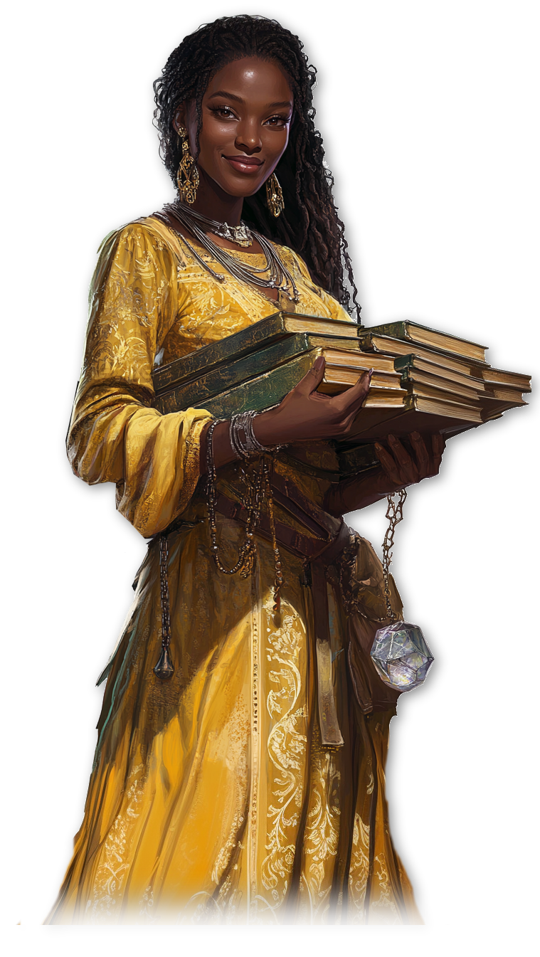 tall slender black woman in a flowing golden gown carrying old books, Brielle Thorn