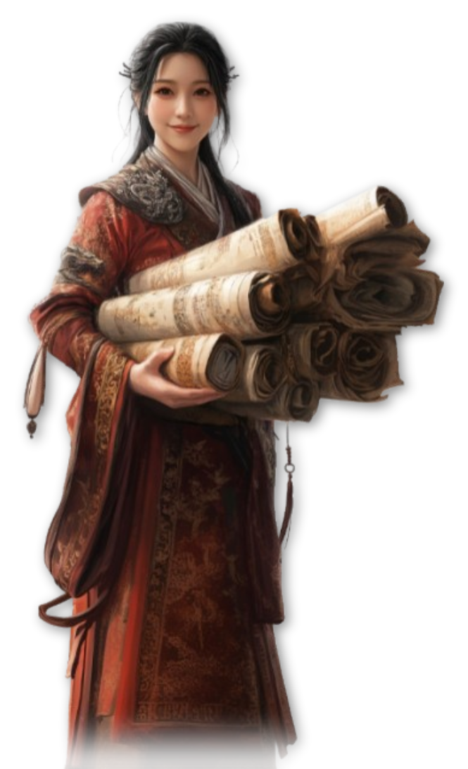 a beautiful Asian woman, an archivists, with her arms filled with ancient records, Min-Han Lin