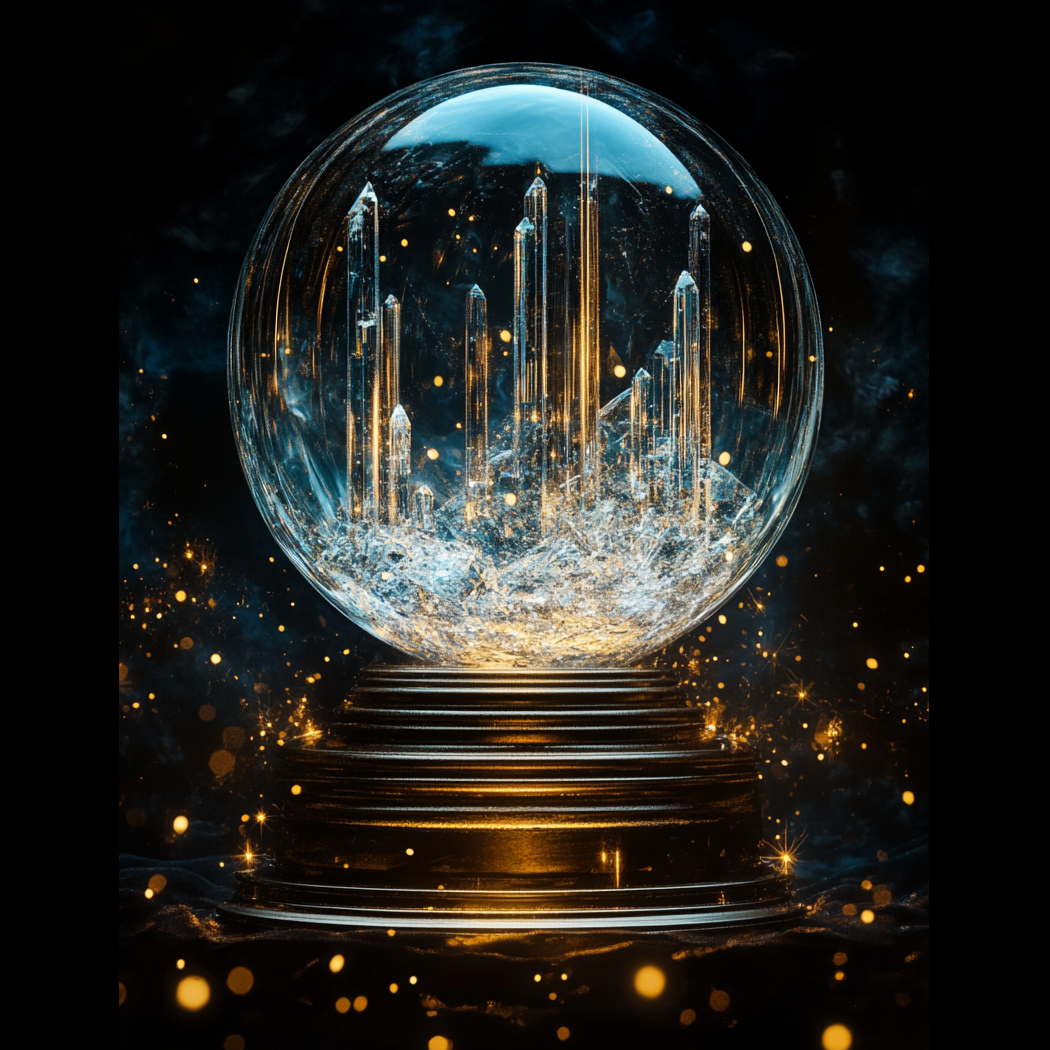 a crystal orb containing a beautiful glass city in blues and orange on a pedestal