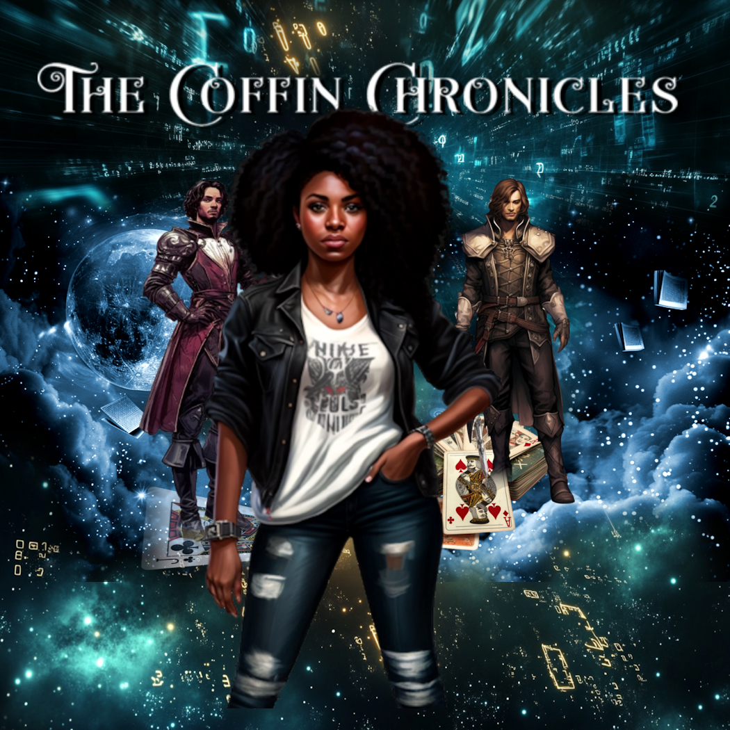 a young woman in the foreground with a human version of the jack of spades and the jack of hearts are in the background, The Coffin Chronicles banner