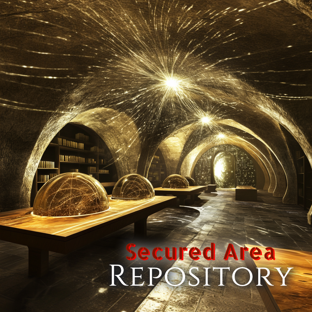 large room with curved ceiling with golden flashing lights and displays, The Repository