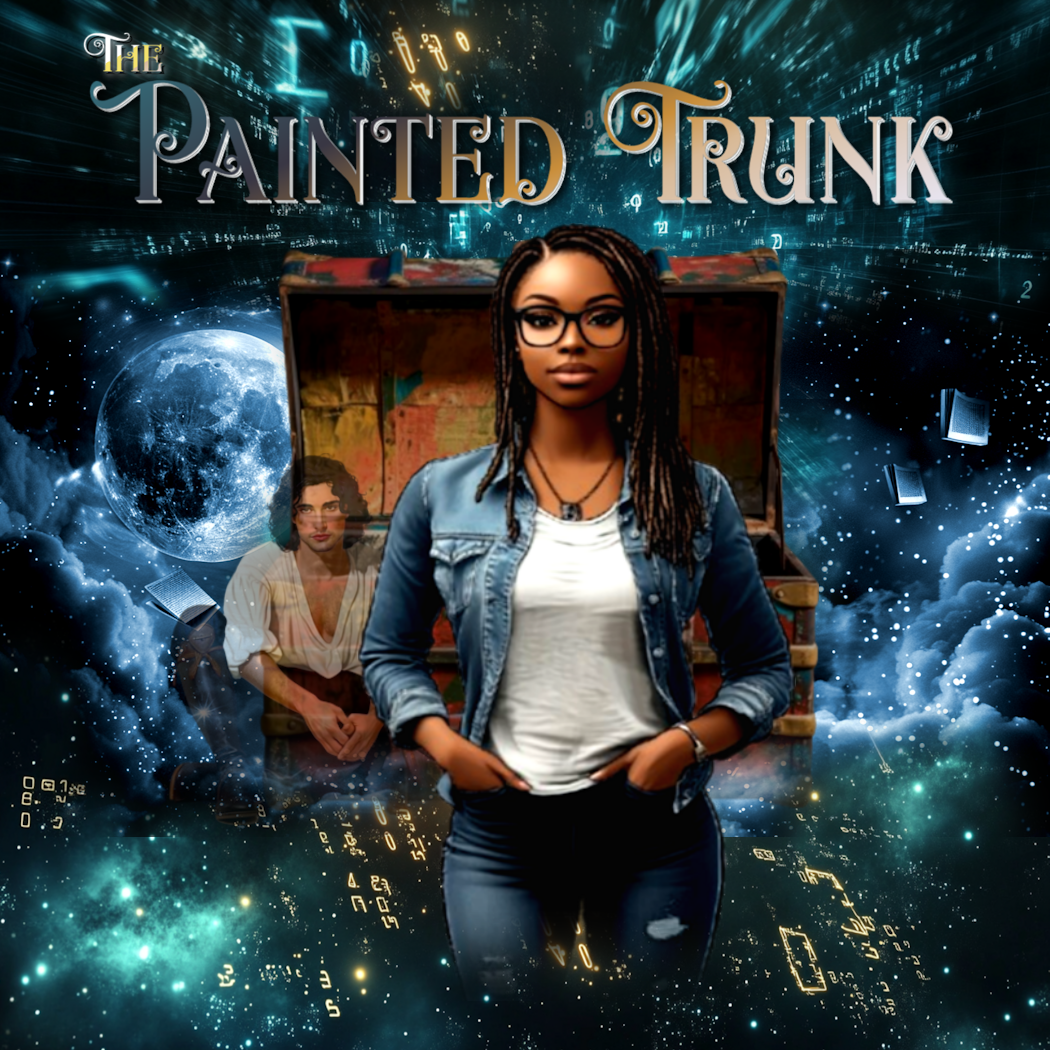 The Painted Trunk banner containing a young woman with glasses, an open painted trunk, and a semi-transparent man